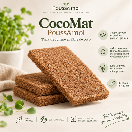 Présentation des tapis CocoMat Pouss&moi en fibre de coco, avec leur texture brune et le format 8 × 12 cm.