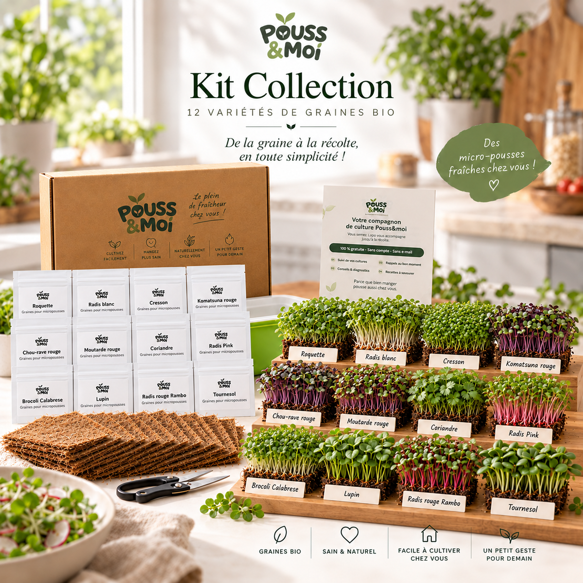 Présentation du Kit Collection avec douze variétés de micropousses, leurs sachets de graines, des CocoMat, des ciseaux et le guide.
