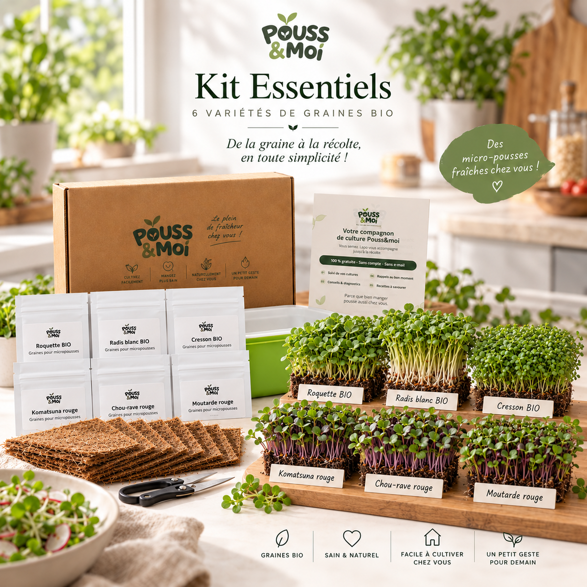 Présentation du Kit Essentiels avec six variétés de micropousses, leurs sachets de graines, des CocoMat, des ciseaux et le guide.