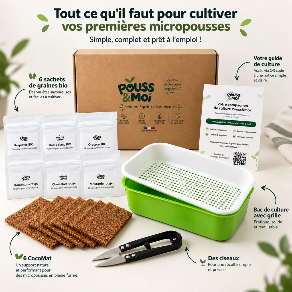Schéma du Kit Essentiels : six sachets de graines, six CocoMat, bac vert avec grille blanche, ciseaux et guide de culture.