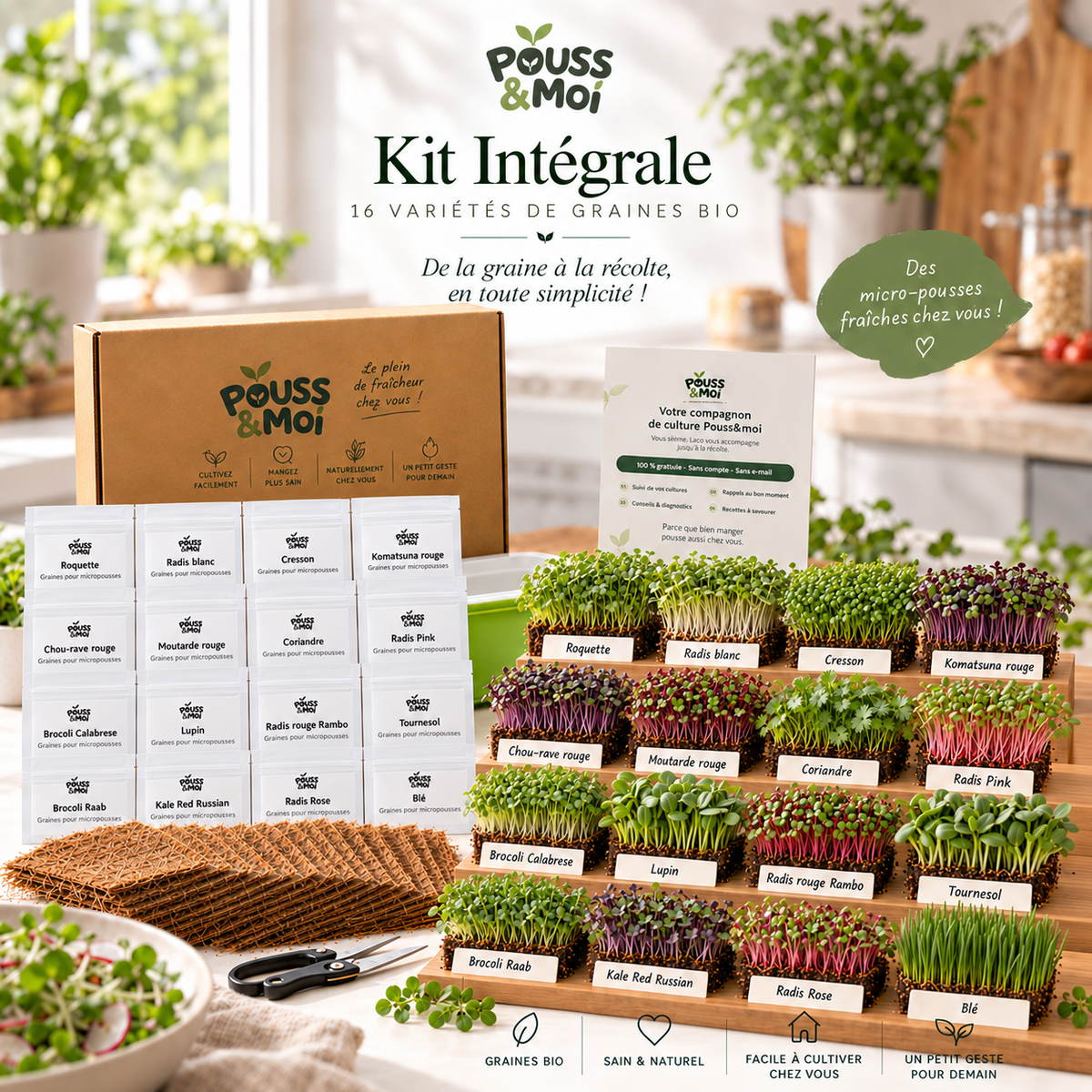 Présentation du Kit Intégrale avec seize variétés de micropousses, leurs sachets de graines, des CocoMat, des ciseaux et le guide.