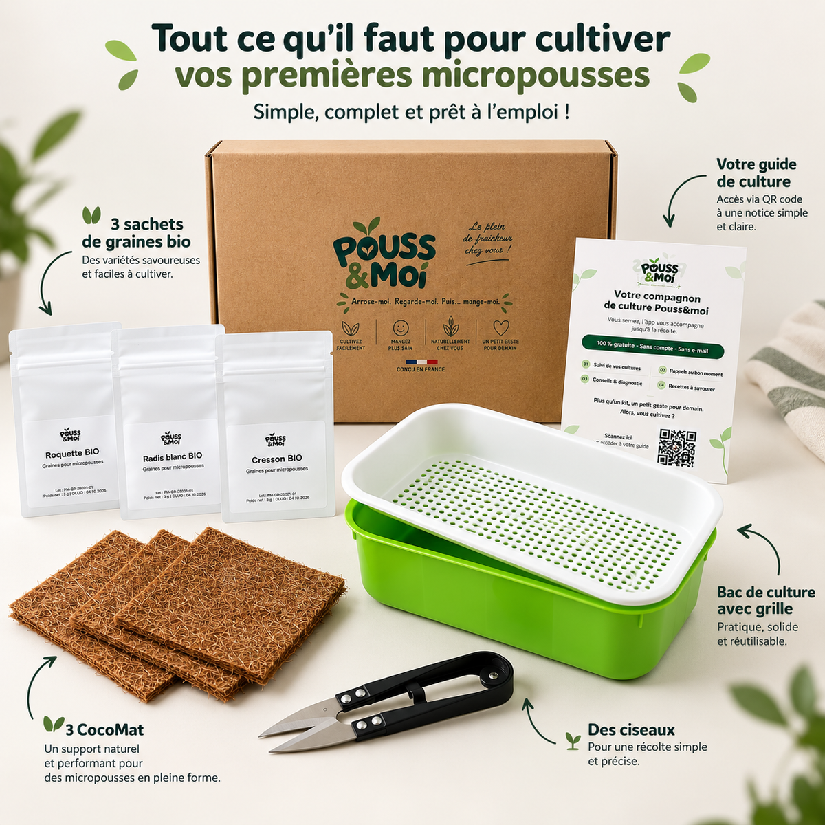 Schéma du Kit Découverte : trois sachets de graines, trois CocoMat, bac vert avec grille blanche, ciseaux et guide de culture.