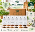 Pack Collection Pouss&moi : douze sachets de graines Bio, présentés avec les graines de chaque variété, la boîte et le guide.