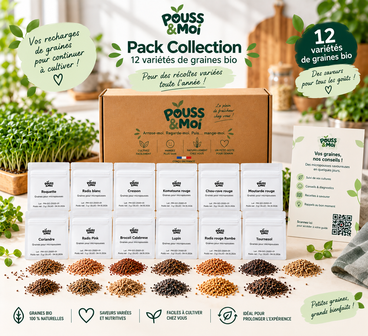 Pack Collection Pouss&moi : douze sachets de graines Bio, présentés avec les graines de chaque variété, la boîte et le guide.