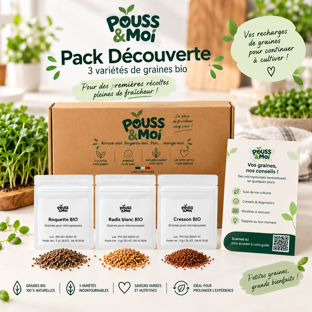 Pack Découverte Pouss&moi : trois sachets de graines Bio de roquette, radis blanc et cresson, avec graines visibles et guide.