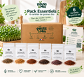 Pack Essentiels Pouss&moi : six sachets de graines Bio, présentés avec les graines de chaque variété, la boîte et le guide.