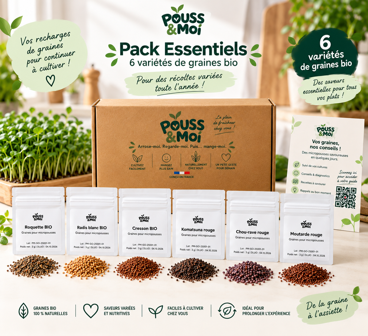 Pack Essentiels Pouss&moi : six sachets de graines Bio, présentés avec les graines de chaque variété, la boîte et le guide.