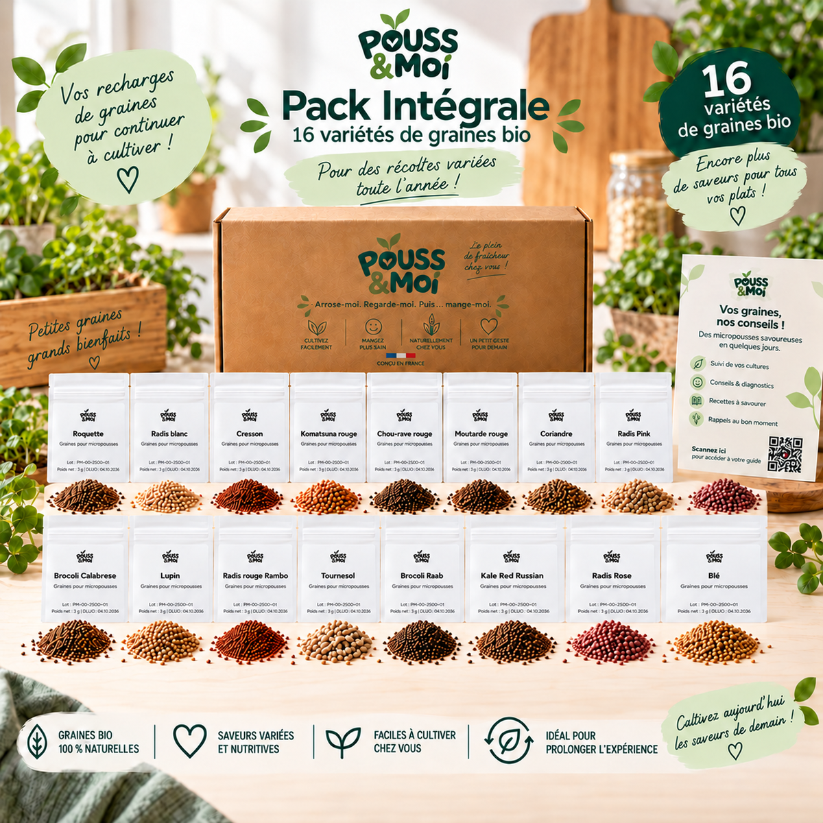 Pack Intégrale Pouss&moi : seize sachets de graines Bio, présentés avec les graines de chaque variété, la boîte et le guide.